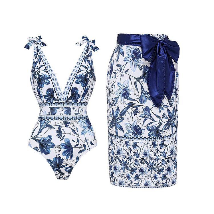 Vibecurve® V Neck Lace Up Strip Plant Prints One Piece Swimsuit and Skirt/Sarong