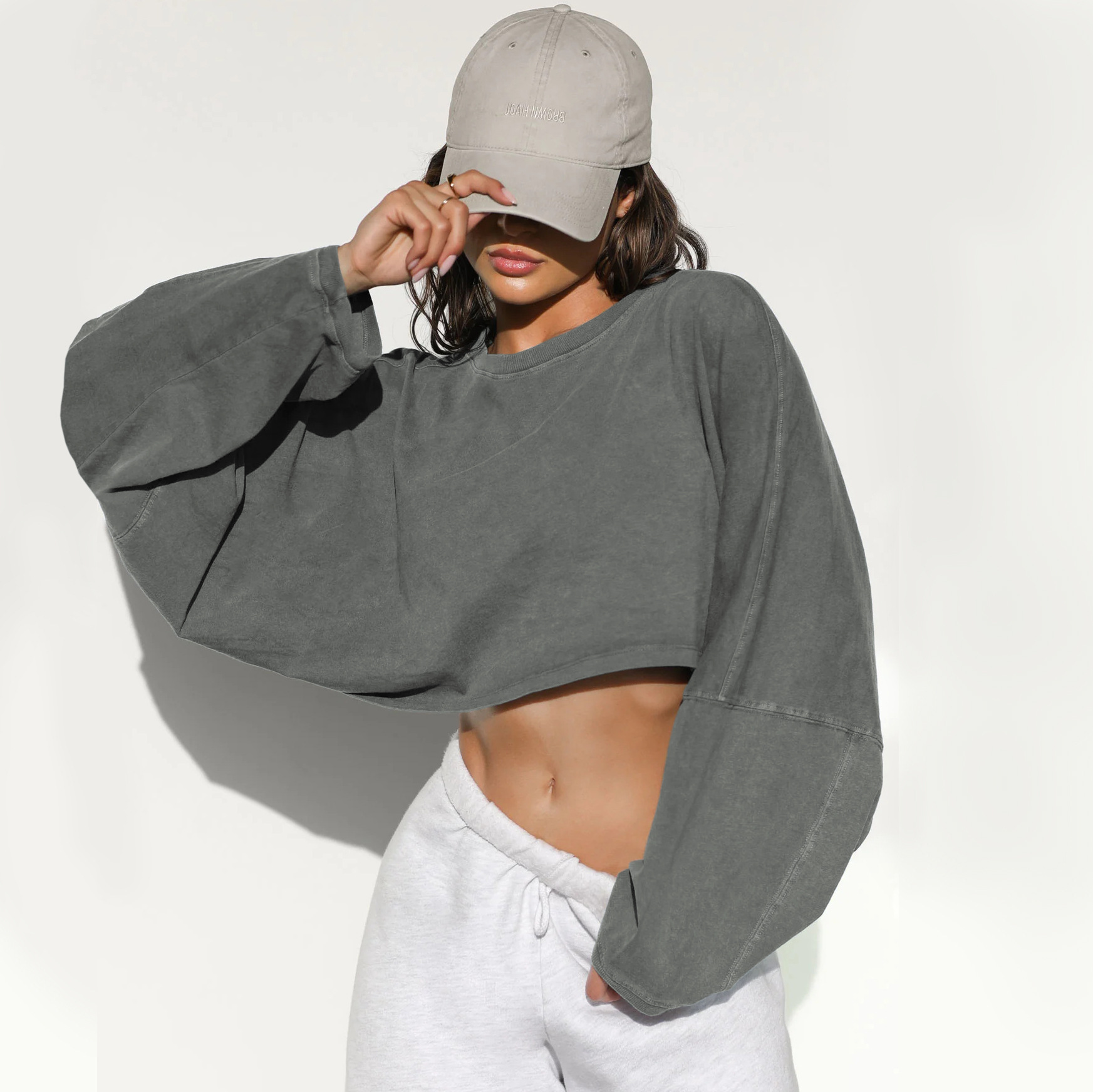 Vibecurve® Long Ballon Sleeve Sweatshirts Tops Cropped Crew Neck Loose Fit Casual Workout Shirts