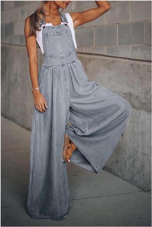 Vibecurve® Denim-Effect Print Plicated Wide Leg Overalls Jumpsuit