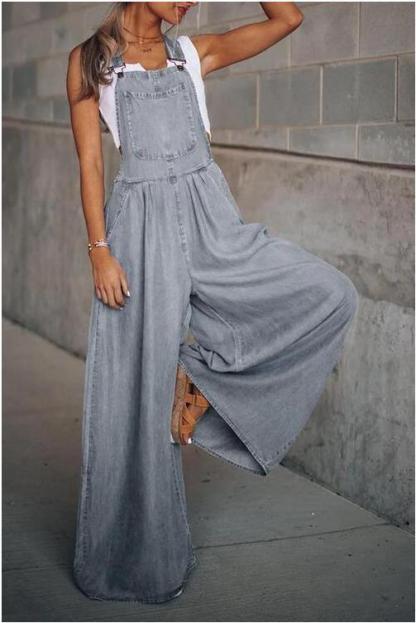 Vibecurve® Denim-Effect Print Plicated Wide Leg Overalls Jumpsuit