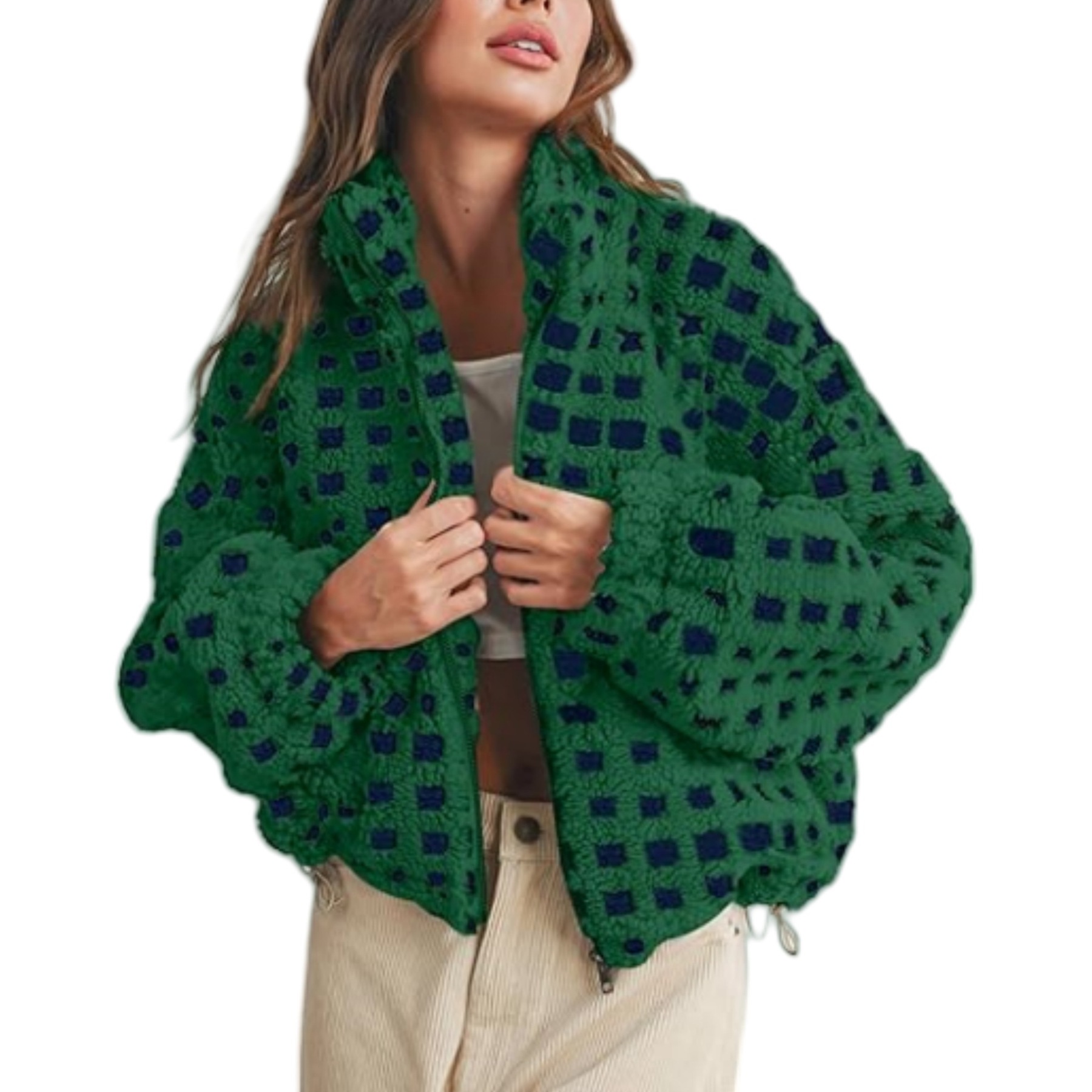 Vibecurve® Winter Fleece Jacket Plaid Fleece Warm Coat Long-sleeve Zippered Sherpa Jacket with Pockets