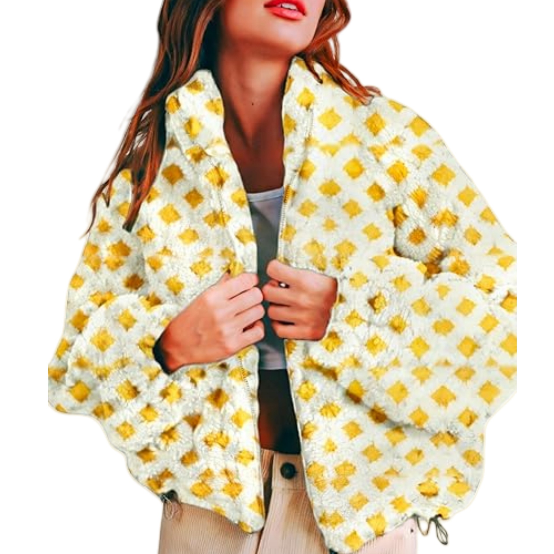 Vibecurve® Winter Fleece Jacket Plaid Fleece Warm Coat Long-sleeve Zippered Sherpa Jacket with Pockets