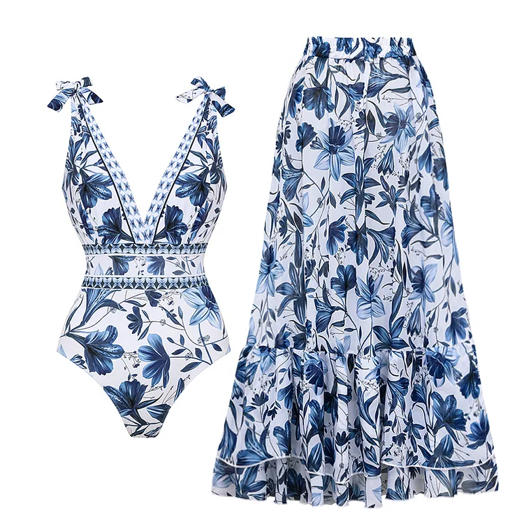 Vibecurve® V Neck Lace Up Strip Plant Prints One Piece Swimsuit and Skirt/Sarong