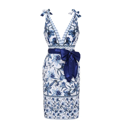 Vibecurve® V Neck Lace Up Strip Plant Prints One Piece Swimsuit and Skirt/Sarong