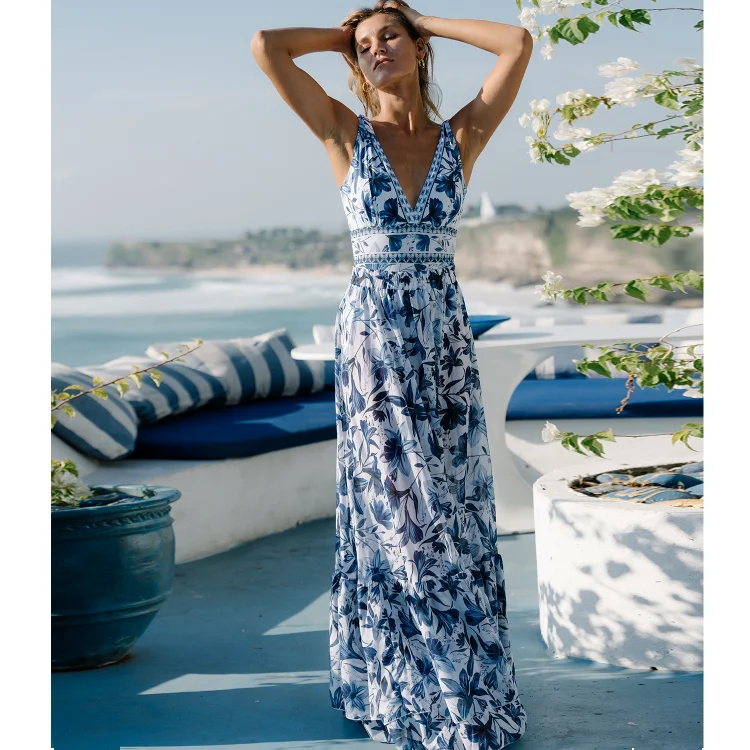 Vibecurve® V Neck Lace Up Strip Plant Prints One Piece Swimsuit and Skirt/Sarong