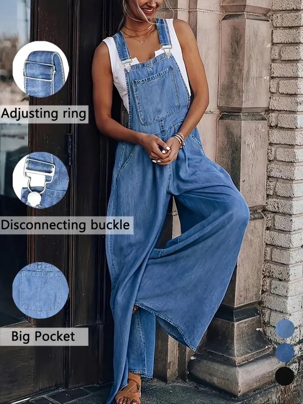 Vibecurve® Denim-Effect Print Plicated Wide Leg Overalls Jumpsuit