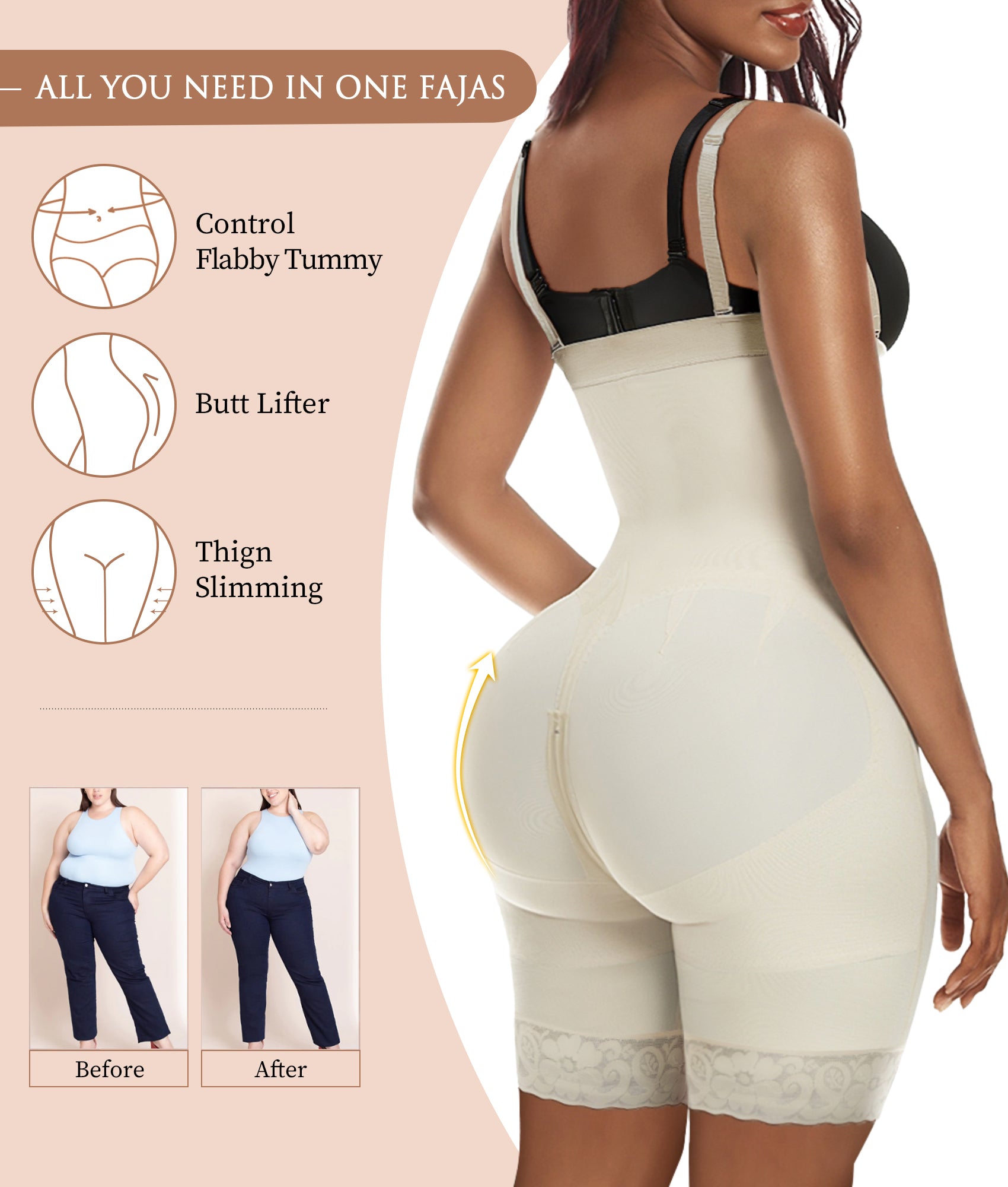 Vibecurve® Fajas Colombianas Shapewear for Women Tummy Control Body Shaper Butt Lifter with Zipper Crotch
