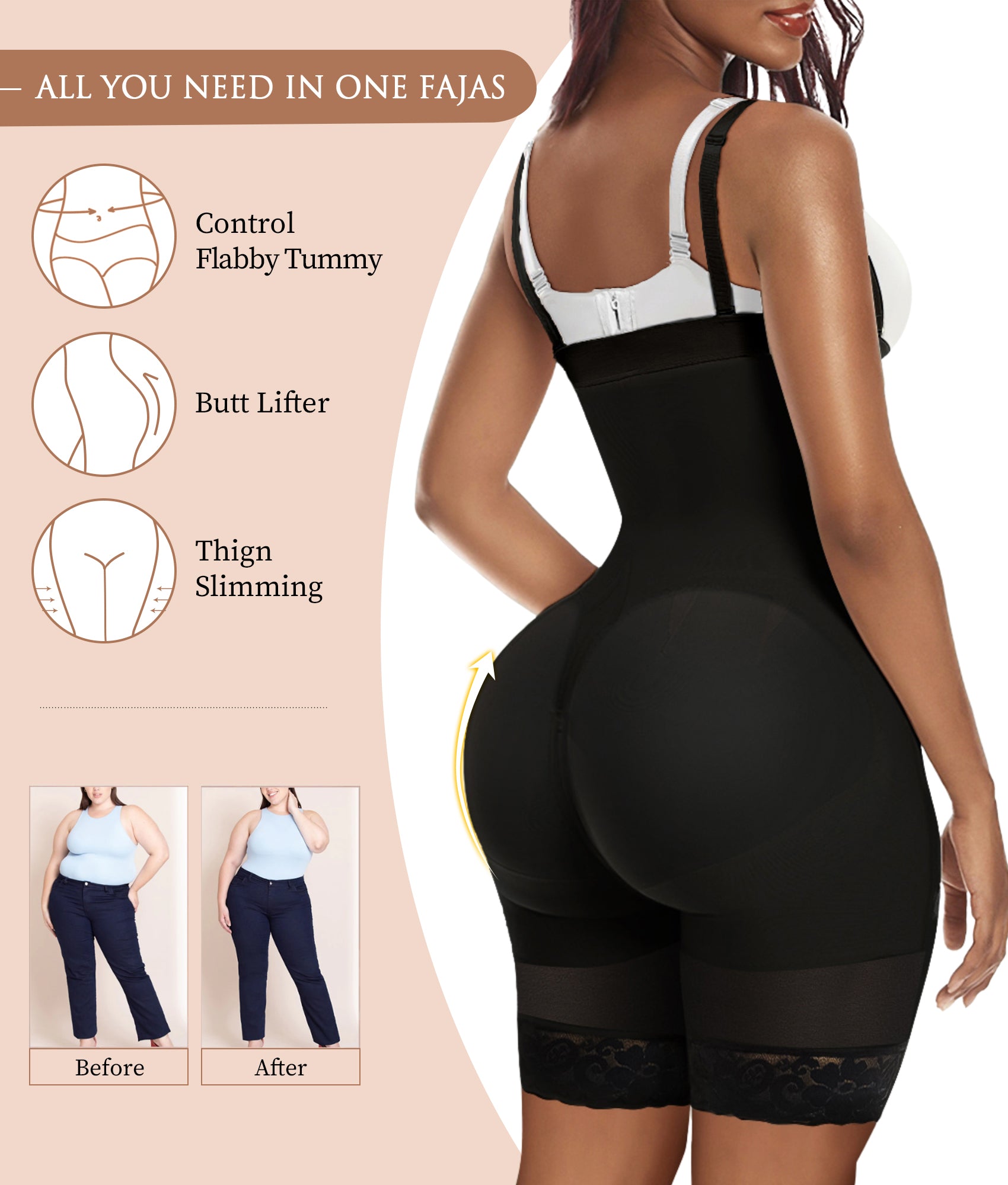 Vibecurve® Fajas Colombianas Shapewear for Women Tummy Control Body Shaper Butt Lifter with Zipper Crotch