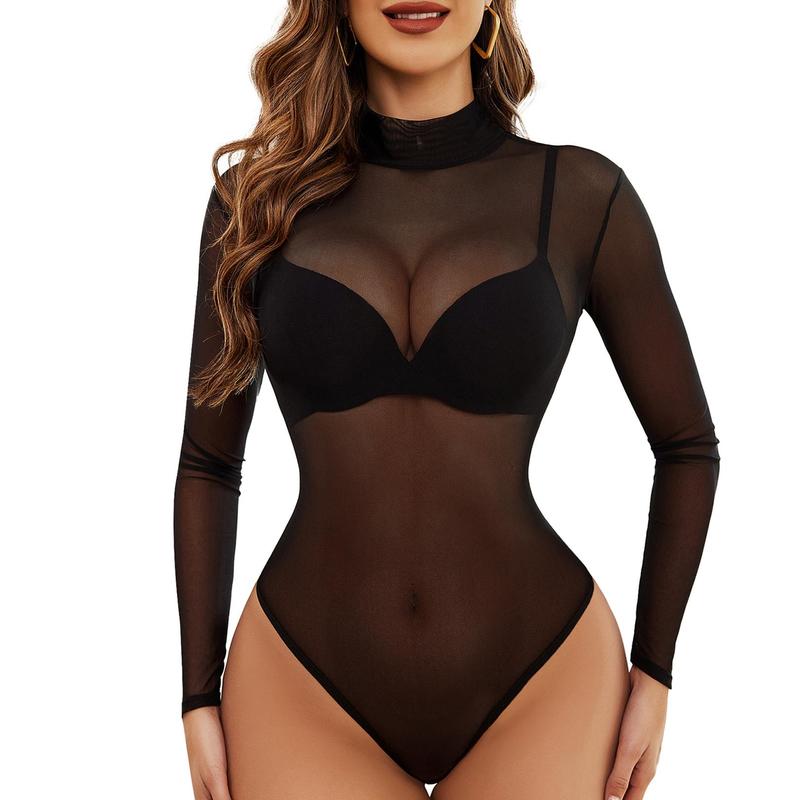 Vibecurve®  Long Sleeve Bodysuit for Women Turtleneck Mesh Bodysuit Geo Print Leotards