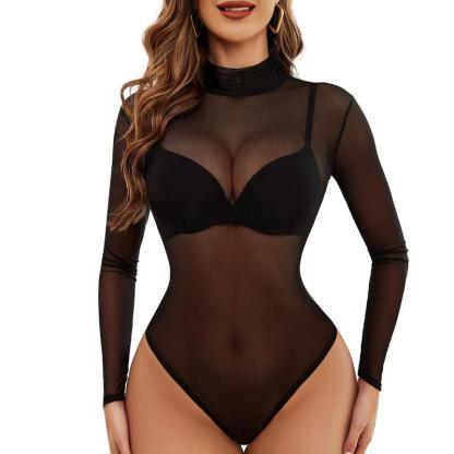 Vibecurve®  Long Sleeve Bodysuit for Women Turtleneck Mesh Bodysuit Geo Print Leotards