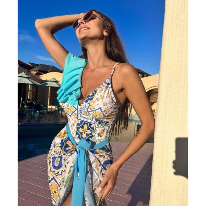 Vibecurve® Floral Print Ruffles Strap One Piece With Bathing Suit Wrap Skirt