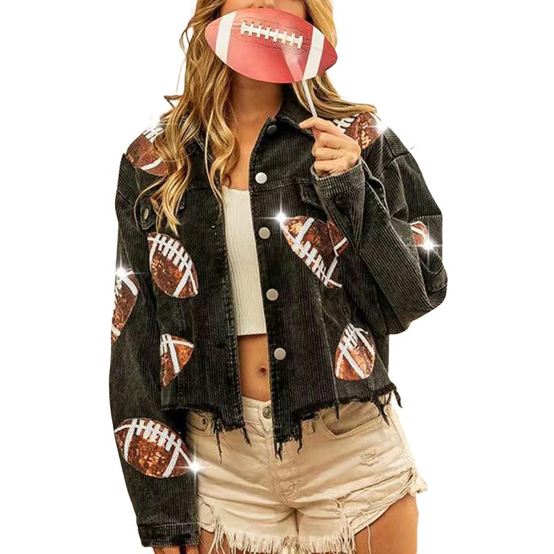 Vibecurve® Game Day Corduroy Sequin Football Cropped Jacket