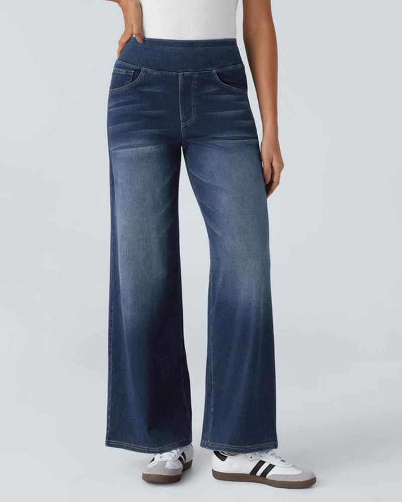 🔥Vibecurve® High Waisted Multiple Pockets Baggy Wide Leg Washed Stretchy Knit Casual Jeans