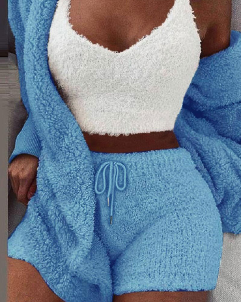 Vibecurve® Solid Color Plush Three-piece Pyjama Set, Fluffy Pajamas