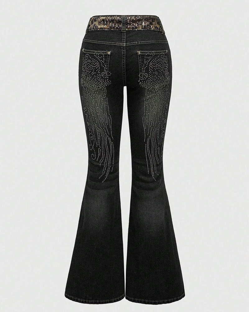 Vibecurve® Grunge Punk Y2K Retro Sexy Leopard Sequin Wing Rhinestone Decor Tight Fit Women Flare Jeans