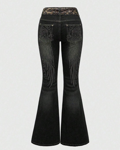 Vibecurve® Grunge Punk Y2K Retro Sexy Leopard Sequin Wing Rhinestone Decor Tight Fit Women Flare Jeans