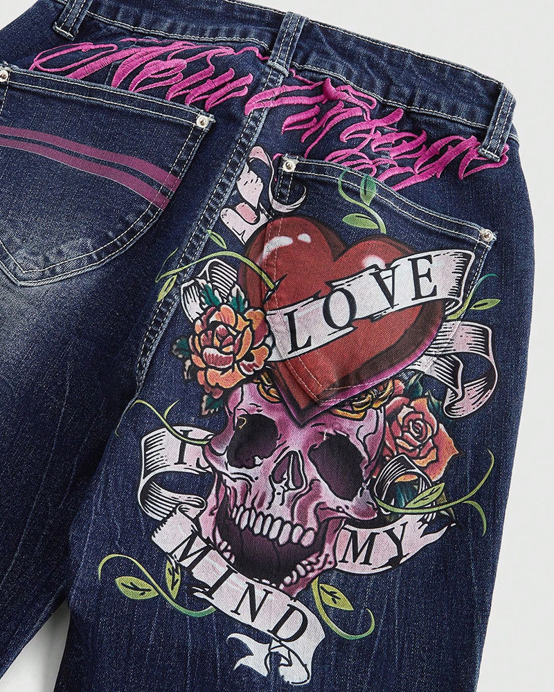 Vibecurve® Goth Y2K Vintage Tattoo Skull, Rose, Heart Patchwork Embroidered Jeans