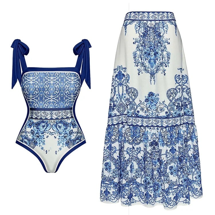 Vibecurve® Starfish Decoration Print Hollow-out Flared Skirt Swimsuit