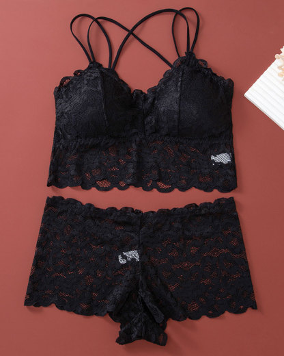 Vibecurve® Women's Contrast Lace Backless Wireless Bra & Panty Underwear Set