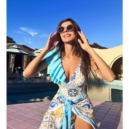 Vibecurve® Floral Print Ruffles Strap One Piece With Bathing Suit Wrap Skirt