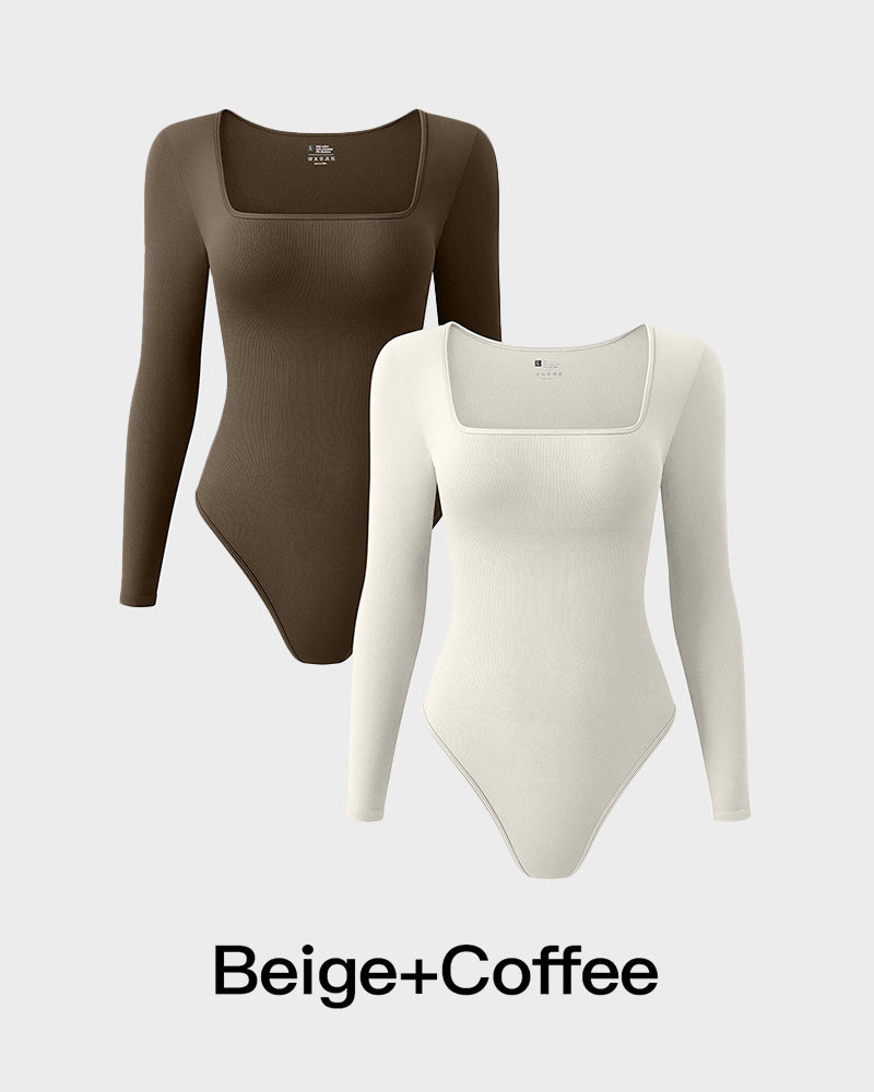 Vibecurve® Ribbed Square Neck Long Sleeve Bodysuit