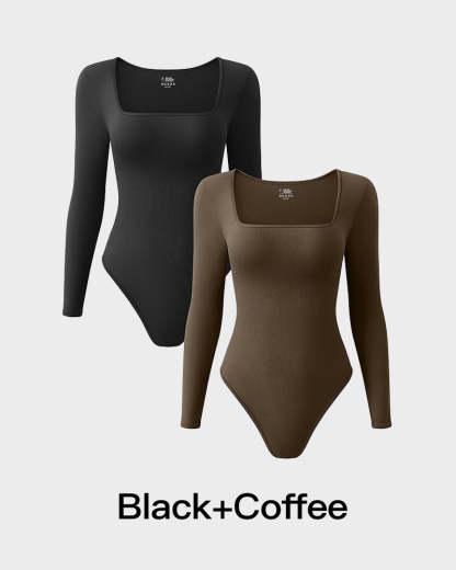 Vibecurve® Ribbed Square Neck Long Sleeve Bodysuit