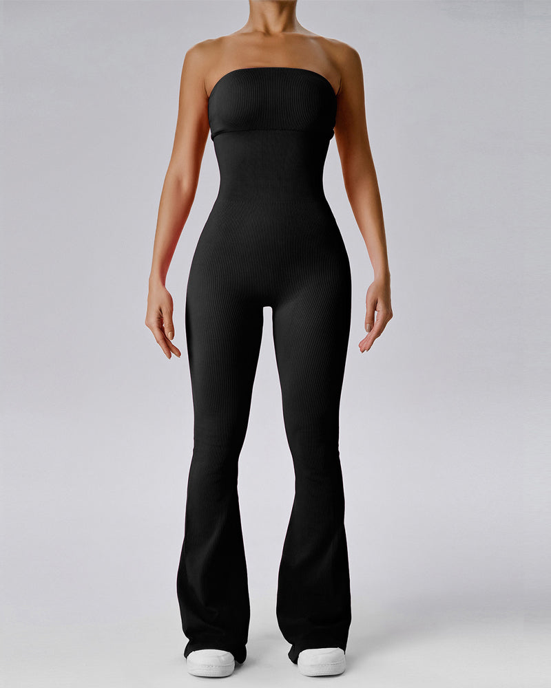 Vibecurve® Women's Ribbed Strapless Tube Top Flared Bottom Yoga Jumpsuit