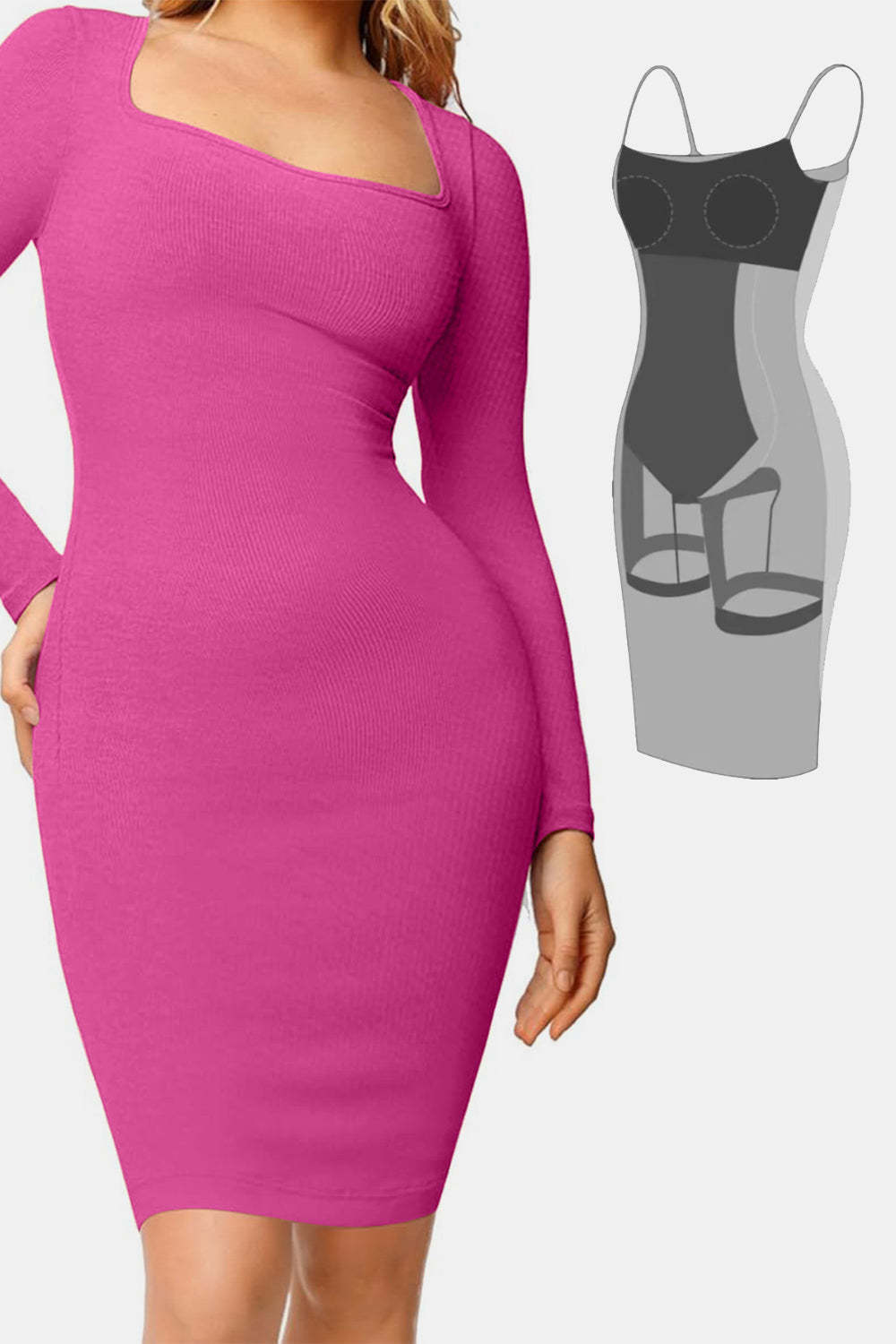 Vibecurve® Built-In Shapewear Square Neck Long Sleeve Dress