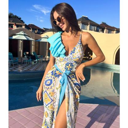 Vibecurve® Floral Print Ruffles Strap One Piece With Bathing Suit Wrap Skirt
