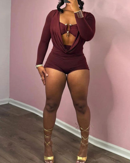 🔥Vibecurve®Women's Basic Solid Color Metal Decor Cut Out Romper