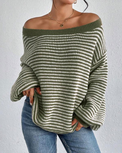Vibecurve® Women's Striped Drop Shoulder Sweater, Casual Bishop Sleeve Boat Neck Jumper