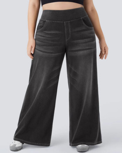 🔥Vibecurve® High Waisted Multiple Pockets Baggy Wide Leg Washed Stretchy Knit Casual Jeans
