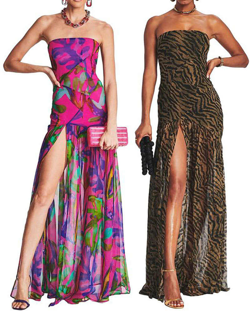 Vibecurve® Tube Top Dress Strapless Backless Mesh Patchwork Tropical Leopard Print High Slit Long Dress