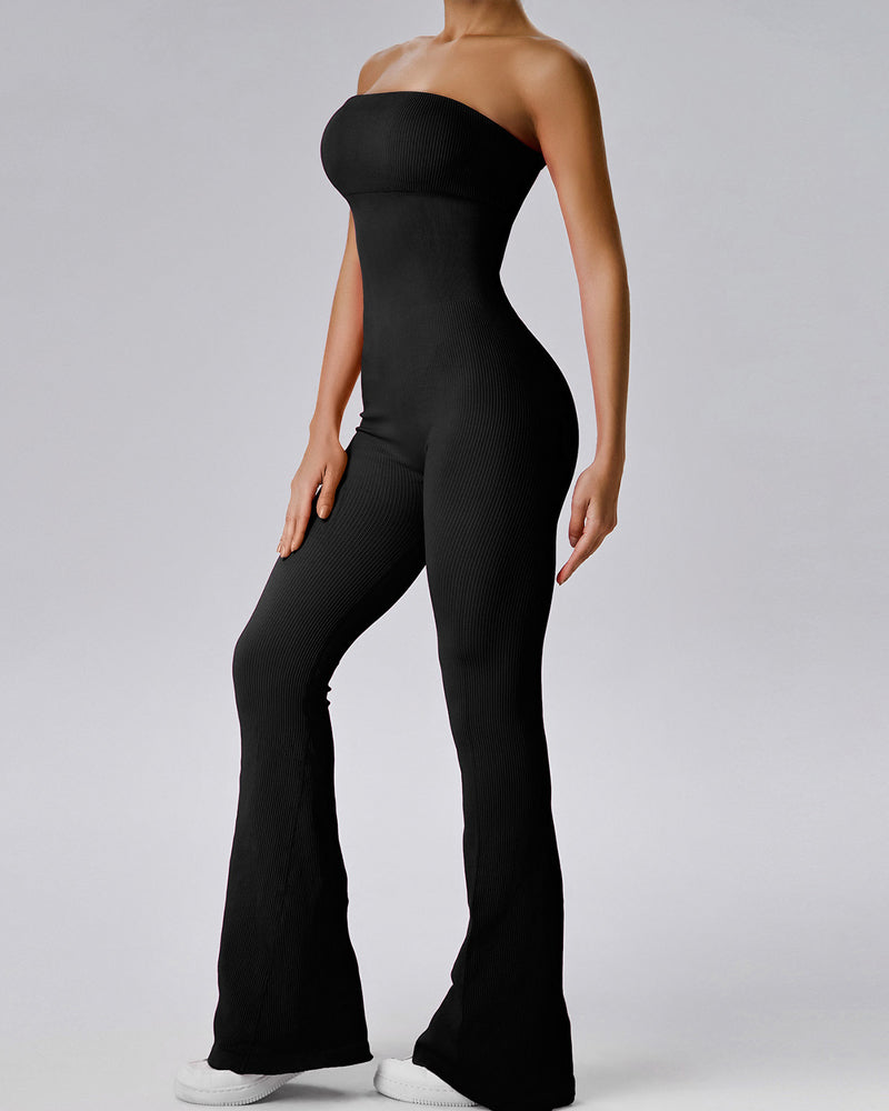 Vibecurve® Women's Ribbed Strapless Tube Top Flared Bottom Yoga Jumpsuit