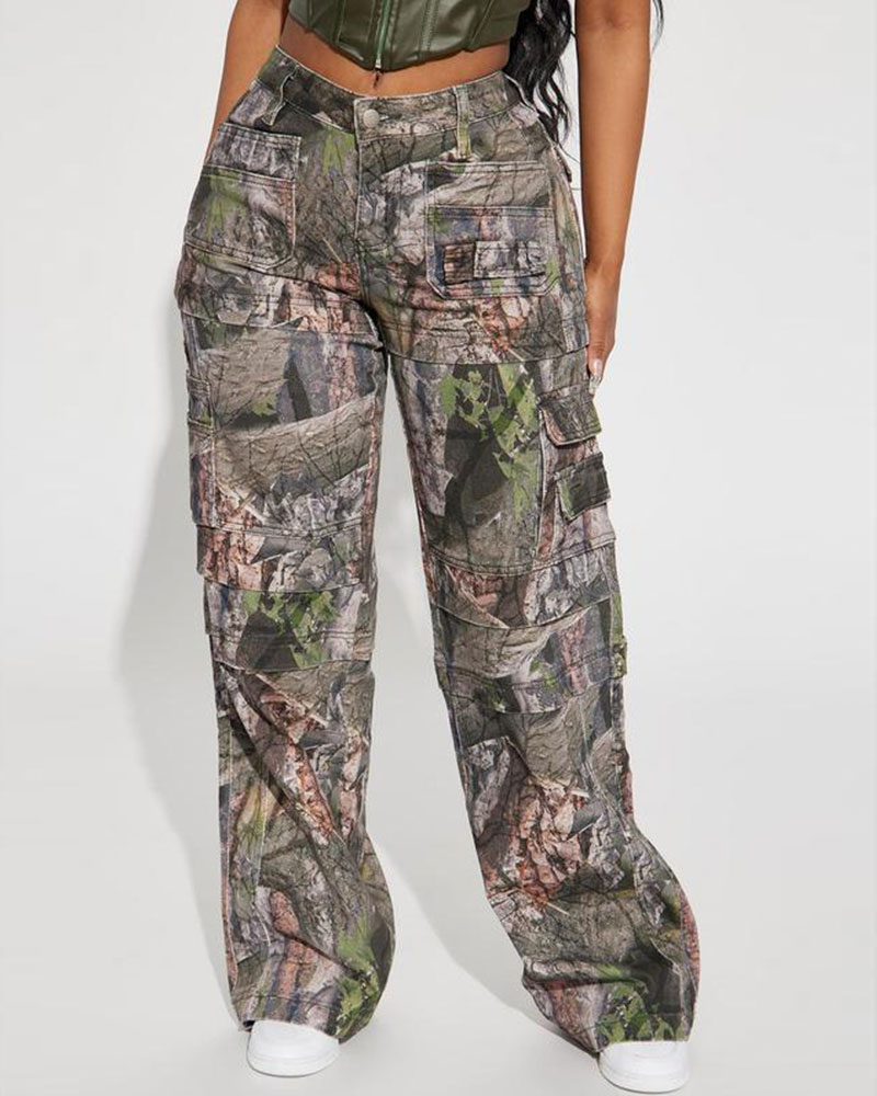 Vibecurve® Camo Stretch Cargo Jean - Olive/combo