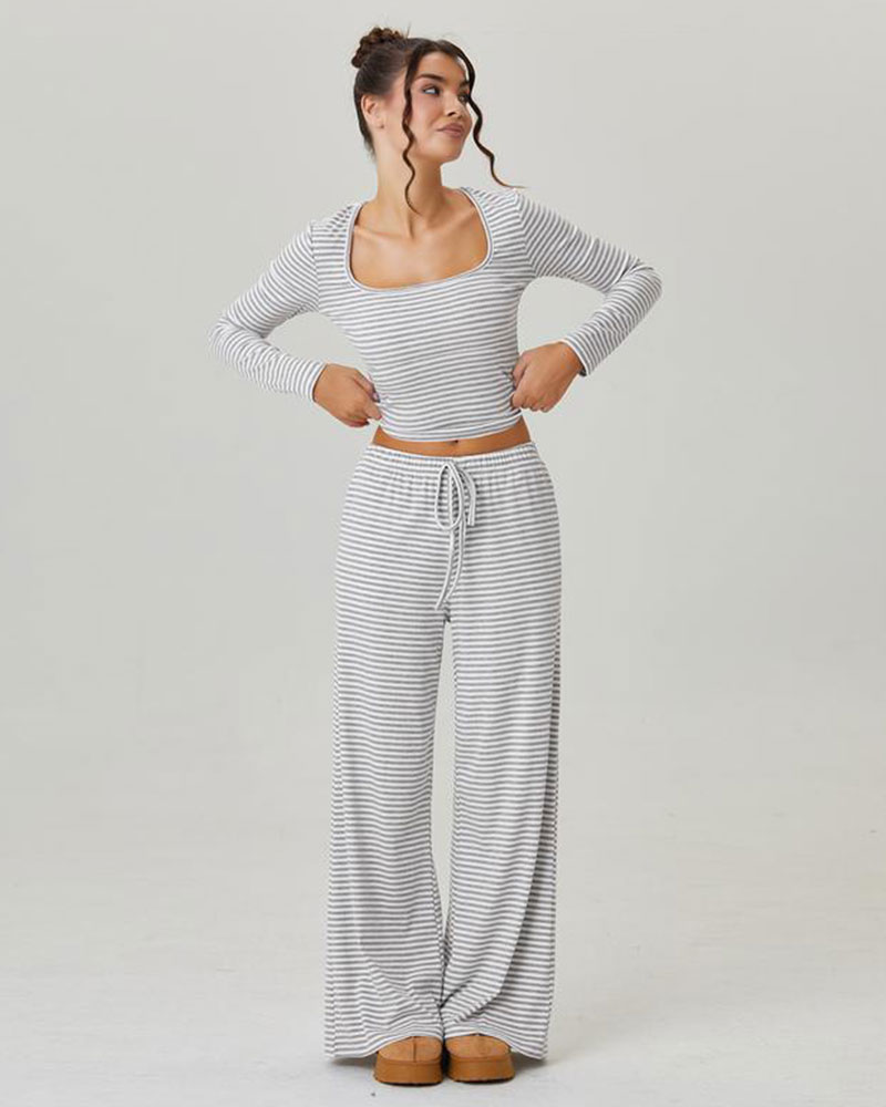 Vibecurve® Slouchy Square Neck Stripe Long Sleeve Crop Top & Low-Rise Wide Leg Trousers Co-ord