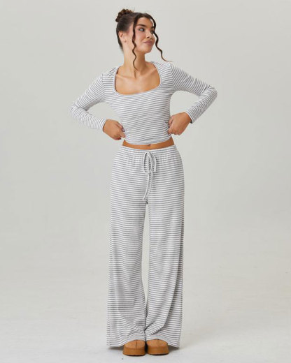 Vibecurve® Slouchy Square Neck Stripe Long Sleeve Crop Top & Low-Rise Wide Leg Trousers Co-ord