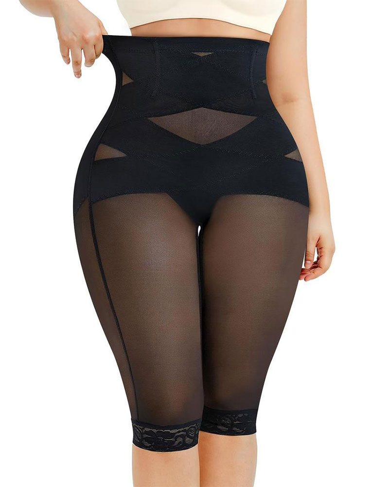 Vibecurve® Women's Plain Contrast Lace Sheer High WaistShapewear Shorts, Tummy Control CompressionSlimming Shorts, High Stretch Shaper for DailyWear