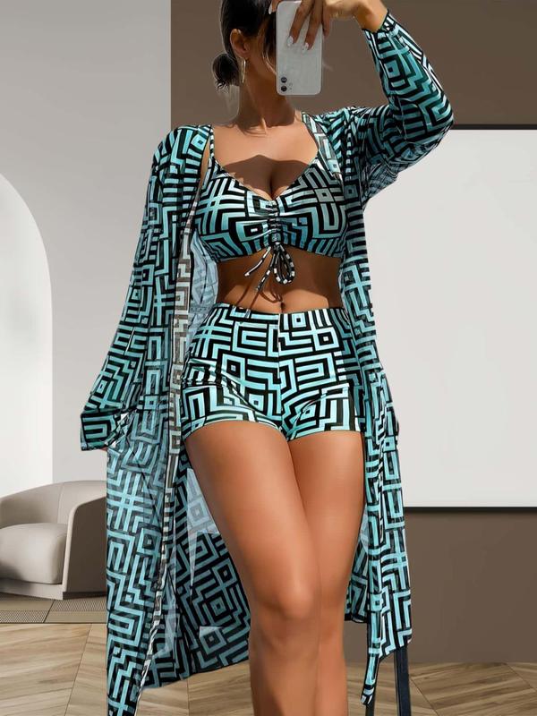 Vibecurve® Three-Piece Set Women's Geometric PrintDrawstring Swimsuit 