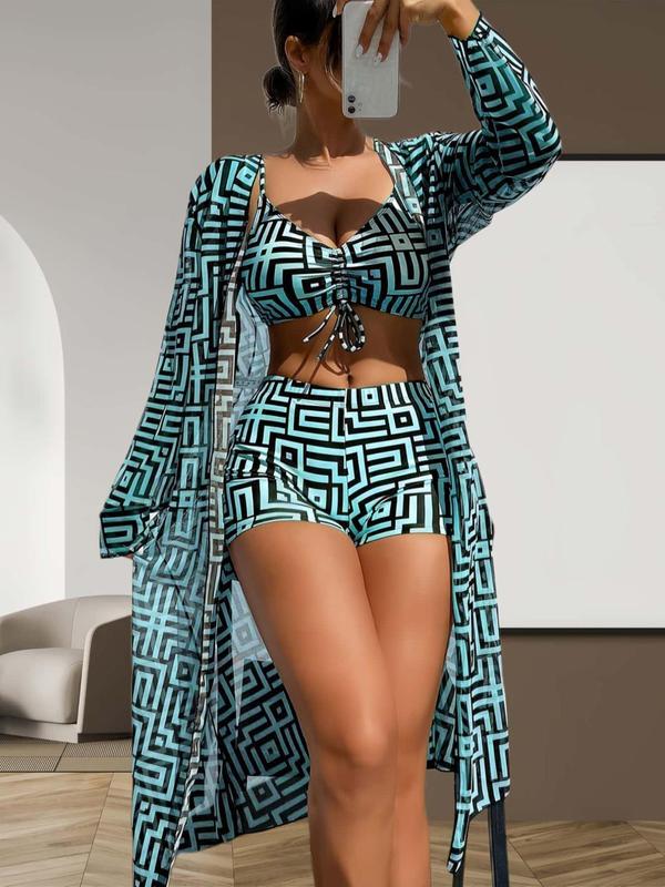 Vibecurve® Three-Piece Set Women's Geometric PrintDrawstring Swimsuit Set