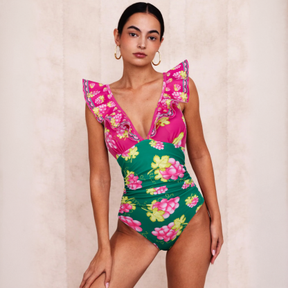 Vibecurve® Long-sleeved Retro Green Grapes Print One Piece Swimsuit and Skirt