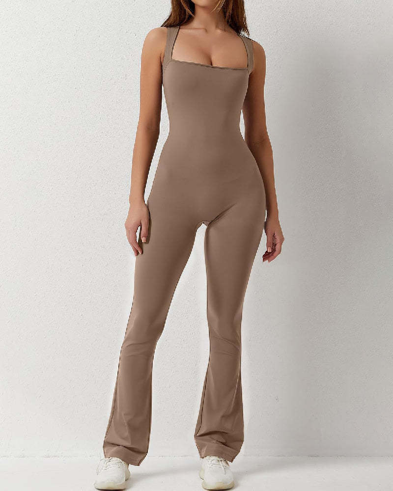 Vibecurve® Women's Sleeveless Sexy Square Neck Jumpsuit Stretch Flare Leggings Romper