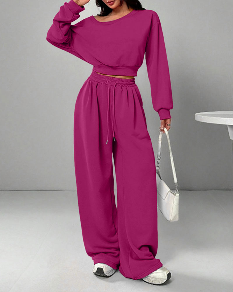 Vibecurve® Leisure Solid Color Sloping Shoulder Long Sleeve Top & Wide Leg Trousers Co-ord