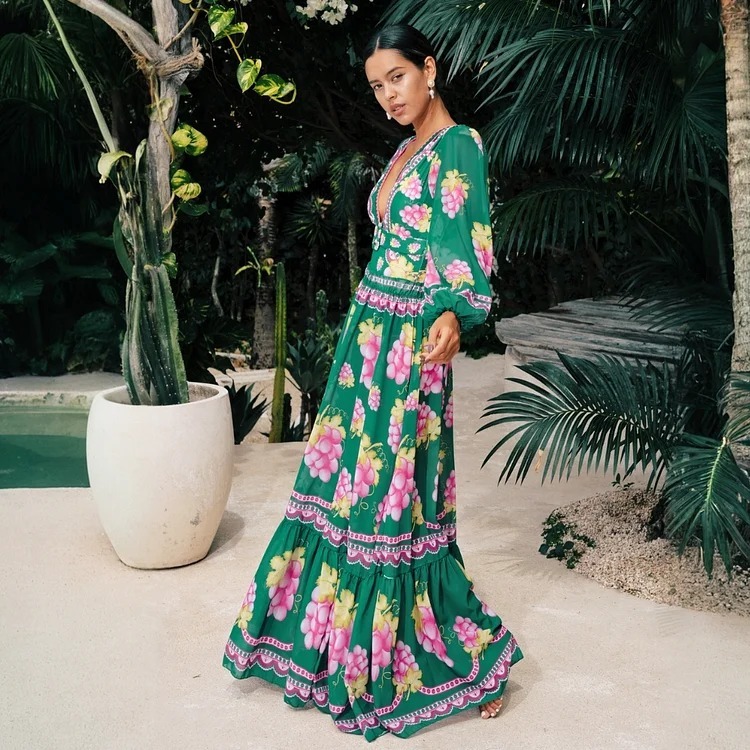 Vibecurve® Long-sleeved Retro Green Grapes Print One Piece Swimsuit and Skirt