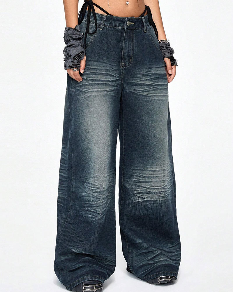 Vibecurve® Grunge Punk Women's Oversized Fit Back Pocket Embroidered Boy Friend Jeans