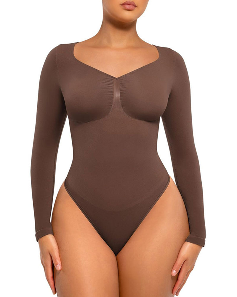 Vibecurve® Womenswear Seamless Sculpt Long Sleeve Thong Bodysuit for Tummy Control