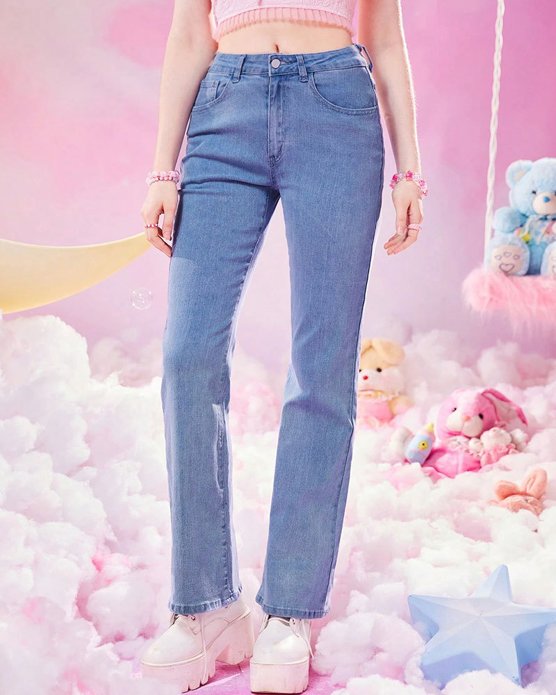 Vibecurve® Kawaii Bow Lace Trim Pocket Flare Leg Jeans