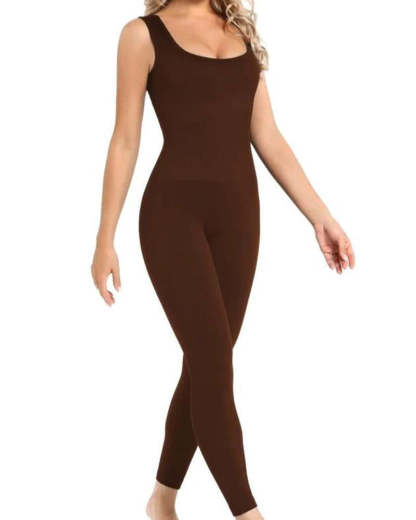 Vibecurve® Ribbed Sleeveless Square Neck Solid One Piece Unitard Jumpsuit Bodysuit