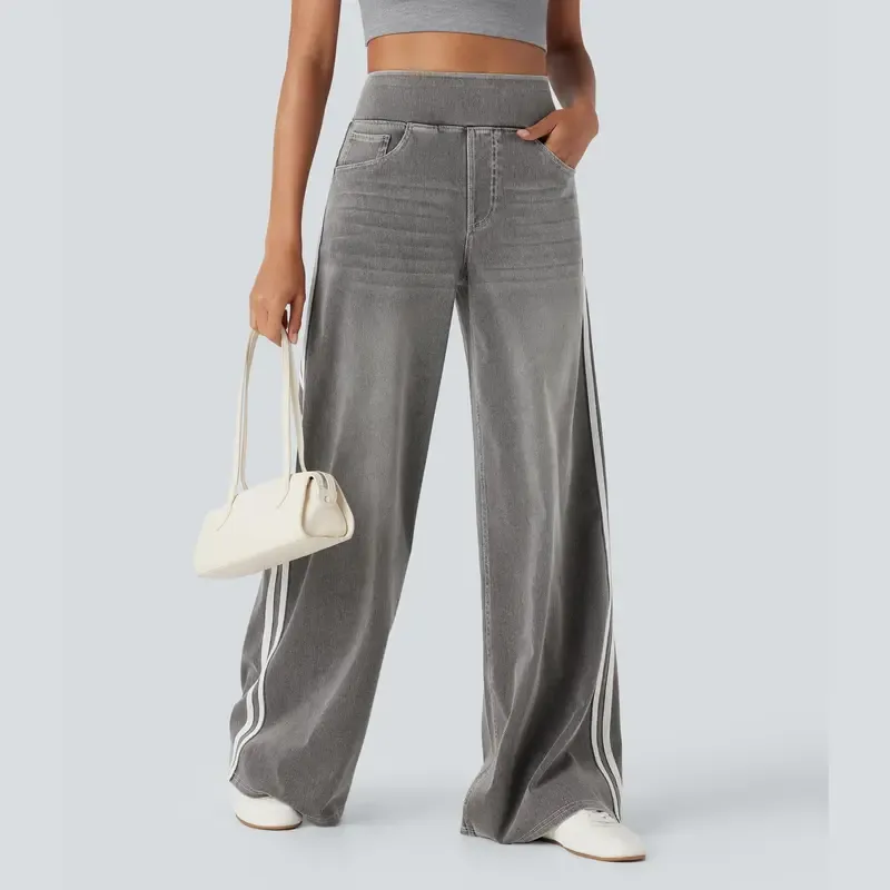 Vibecurve® High Waisted Stripe Wide Leg Flowy Washed Casual Jeans with Pockets