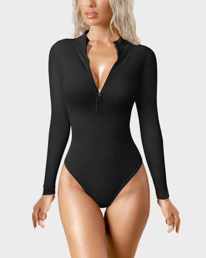 Vibecurve® Ribbed Long Sleeve Half-Zip Shaping Bodysuit